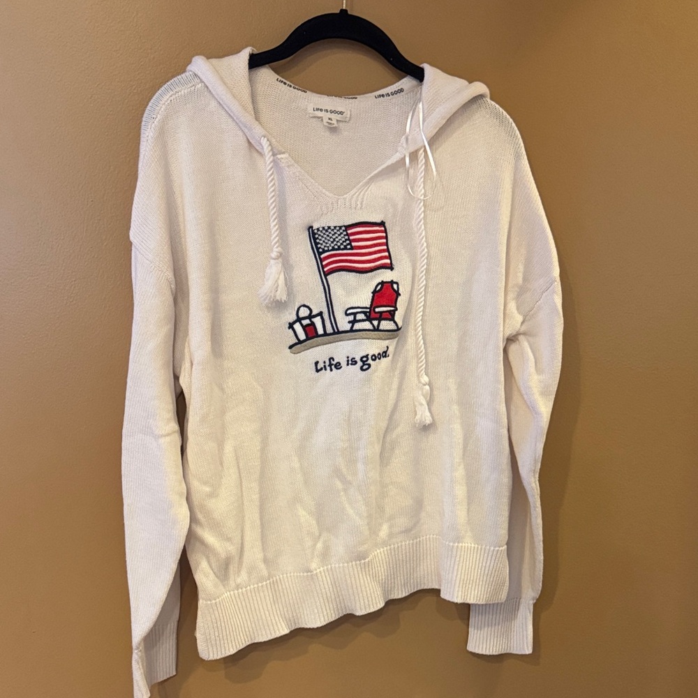 Life Is Good Cream Hoodie with Flag Graphic